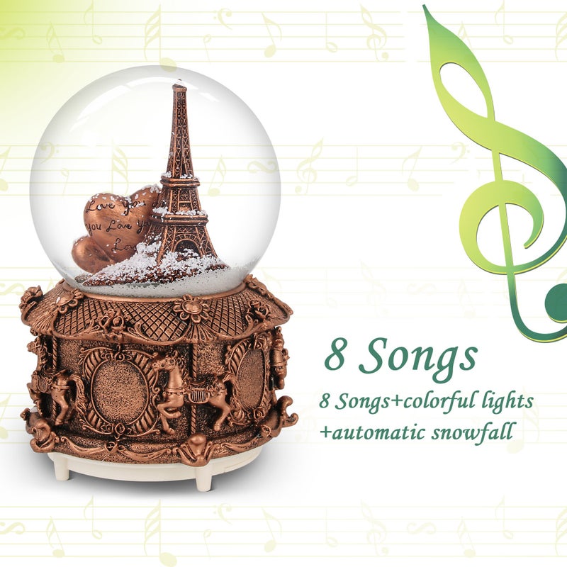 QTKJ Paris Snow Musical Globe with Color Changing LED Lights, Eiffel Tower Snow Globe with Merry-go-Round Base, 100mm 6" Tall Souvenirs Collection - Image 5